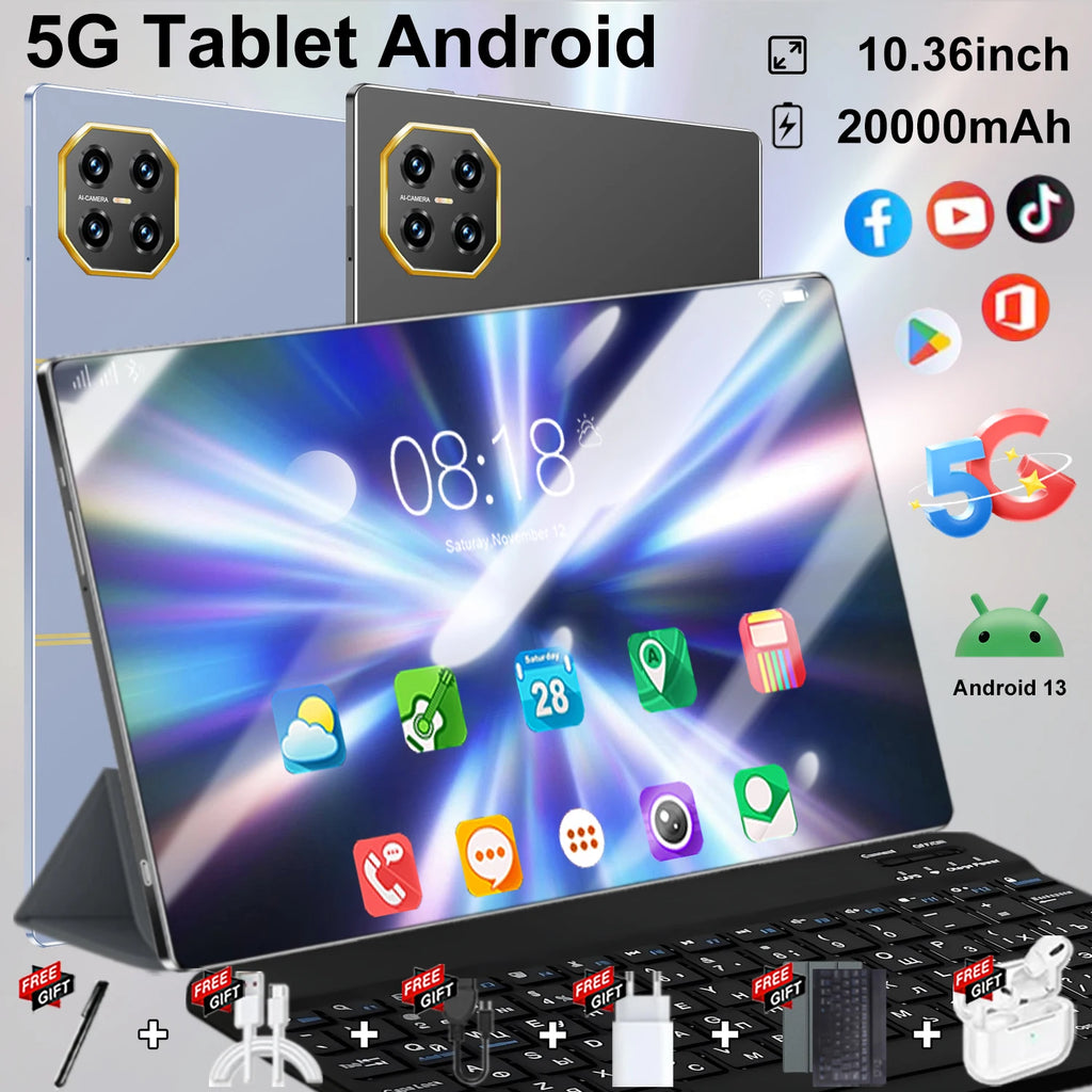 Tablette 5G Android 13 – Écran 10,36", 20000mAh, Google Play, GPS
