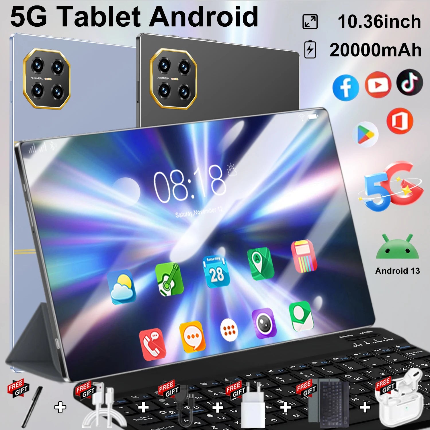 Tablette 5G Android 13 – Écran 10,36", 20000mAh, Google Play, GPS