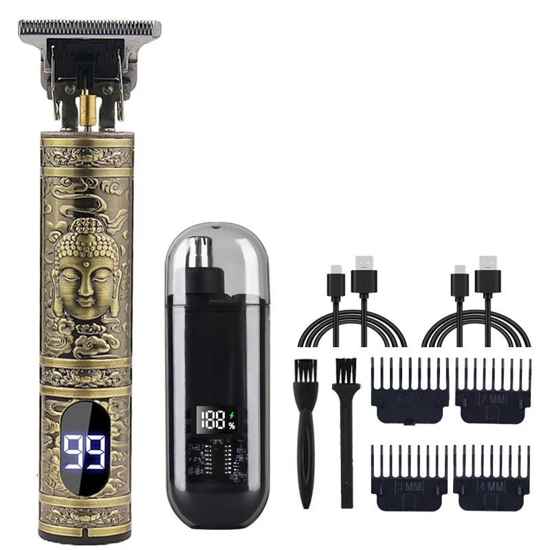 Tondeuse Électrique T9 Vintage – Kit Barbe & Cheveux Rechargeable