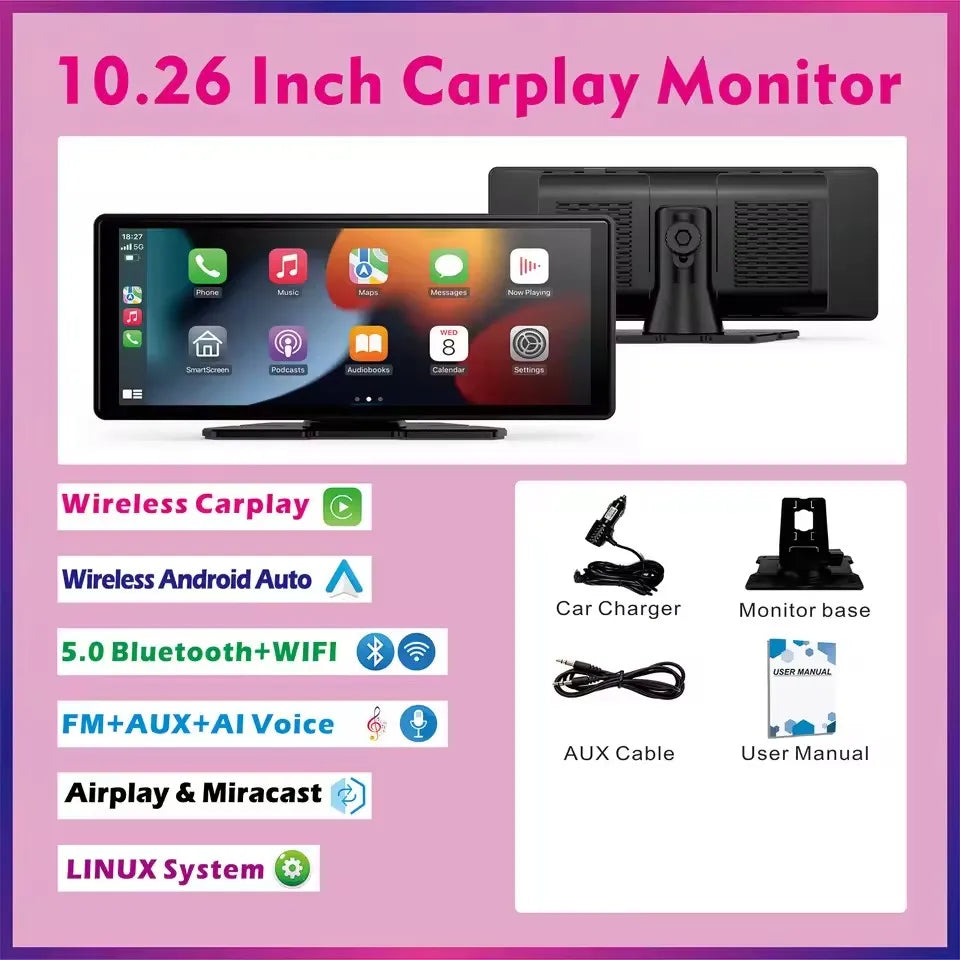 Écran CarPlay Sans Fil Universel – Android Auto, Tactile, Compatible Toutes Voitures