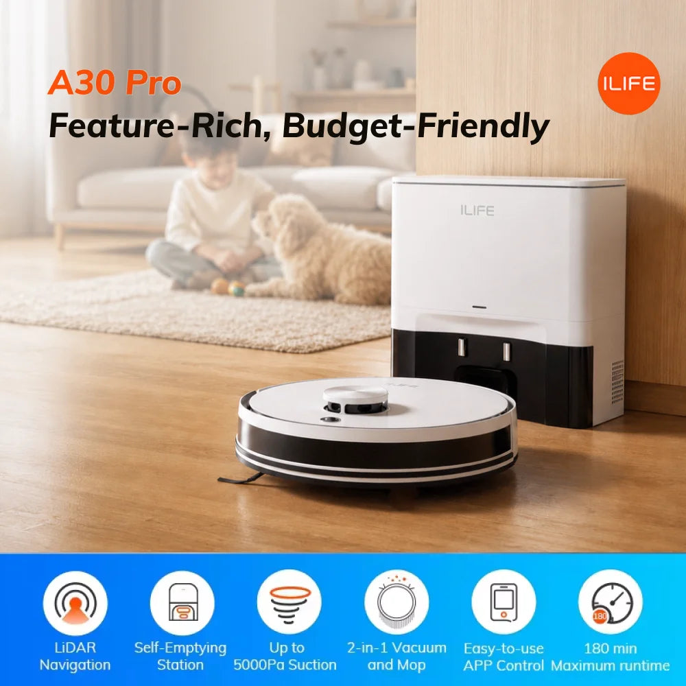 Robot Aspirateur ILIFE A30 Pro – Vidage Automatique, Aspiration 5000Pa, Lavage 2-en-1