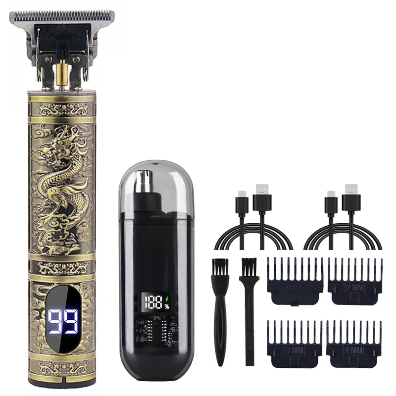 Tondeuse Électrique T9 Vintage – Kit Barbe & Cheveux Rechargeable