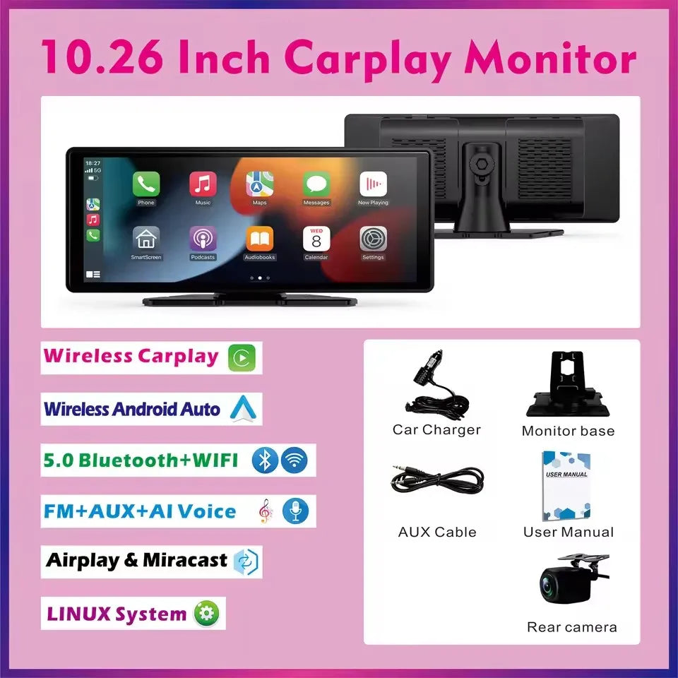 Écran CarPlay Sans Fil Universel – Android Auto, Tactile, Compatible Toutes Voitures