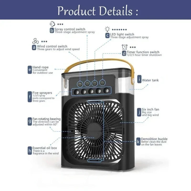 Ventilateur 3-en-1 – Climatiseur Mini, Humidificateur & Veilleuse LED 7 Couleurs