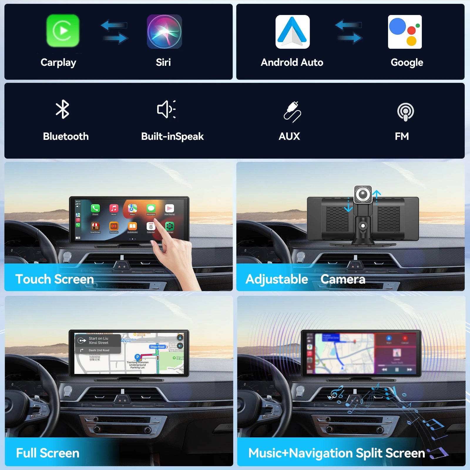 Écran CarPlay Sans Fil Universel – Android Auto, Tactile, Compatible Toutes Voitures