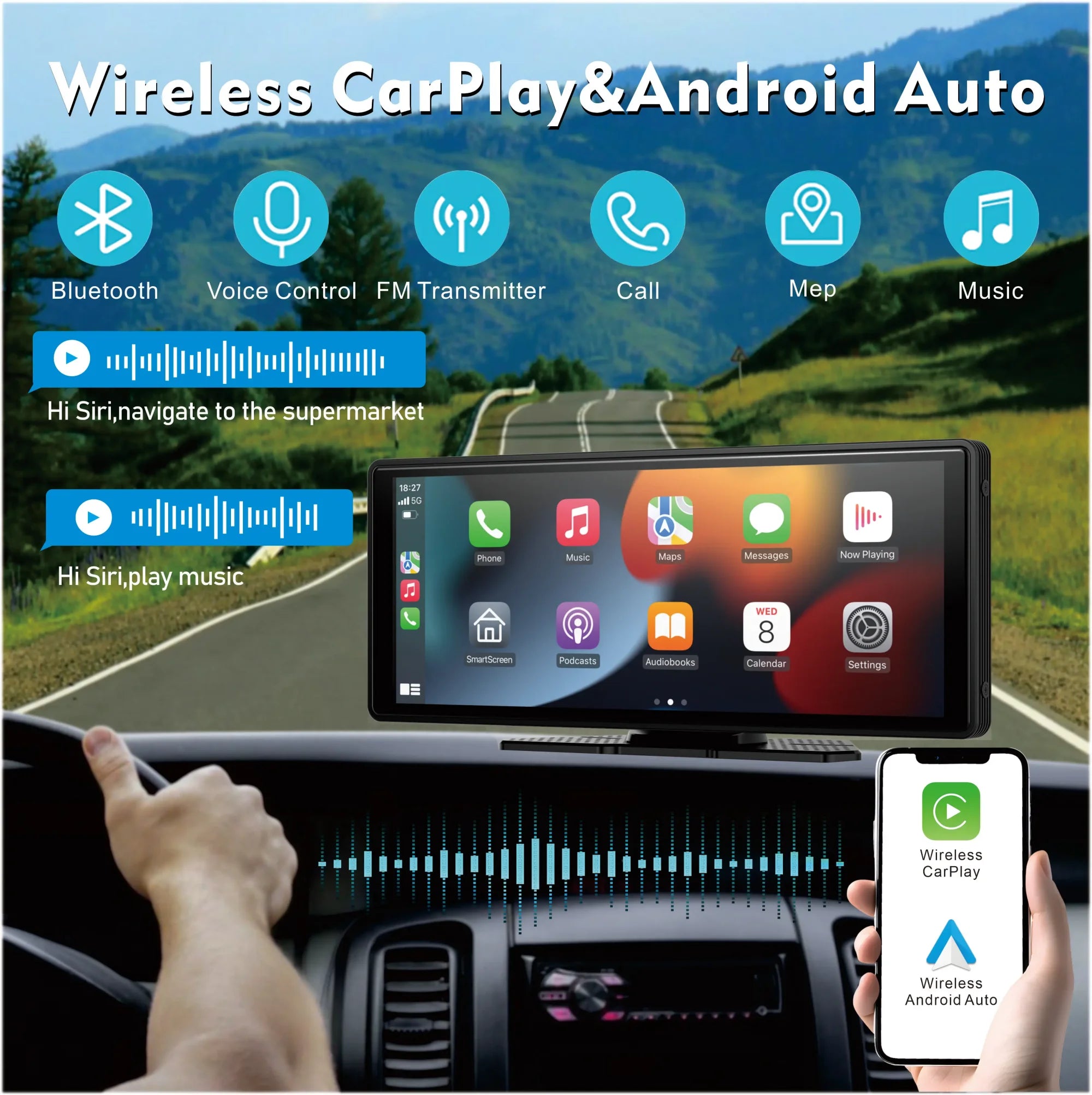 Écran CarPlay Sans Fil Universel – Android Auto, Tactile, Compatible Toutes Voitures